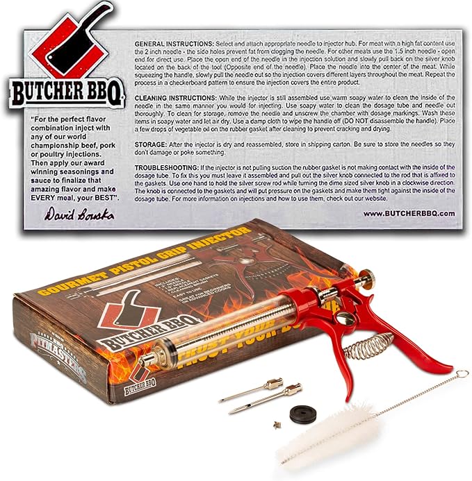 Butcher BBQ Pistol Grip Gourmet Meat Injector Syringe | Metal Handle | 50cc Pistol Grip Injection Syringe | 2 Different Needles for Different Meats | BBQ Smoker Accessories | Tailgating Accessories