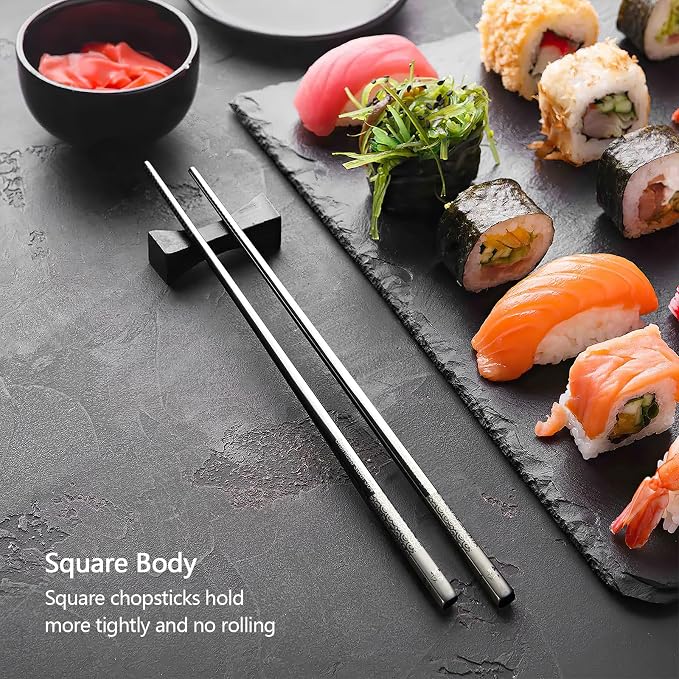 IQCWOOD 18/8 Stainless Steel Chopsticks, 5 Pairs Reusable Metal Chopsticks with Laser Engraved, Dishwasher Safe Non-Slip Square Japanese Korean Style for Cooking Eating, 9 1/4 Inches Gift Set