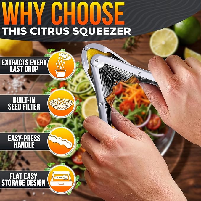 Lemon Squeezer Stainless Steel, Heavy Duty Flat Fold Citrus Juicer | Lime Squeezer Presses Lemons and Oranges to the Last Drop for Prep - Manual, Rust-Resistant, Easy to Clean, Dishwasher-Safe