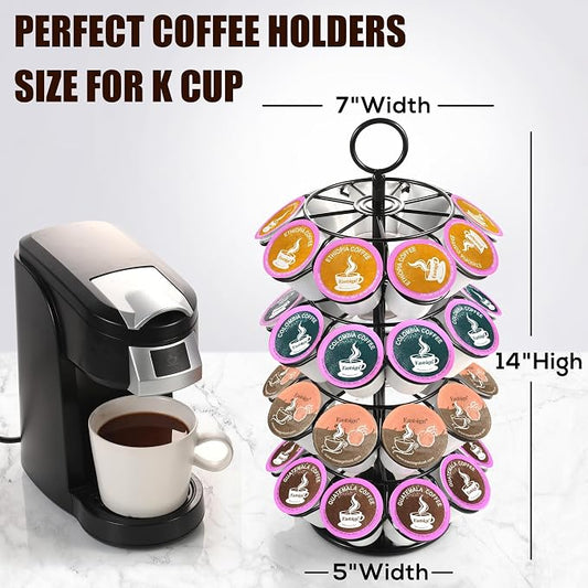 K Cup Holder, Coffee Pod Holder Organizer for Countertop, 36 K-Cup Carousel Stand Compatible with Keurig Pods, 360° Rotating 4-Tier Metal Pod Storage, Black