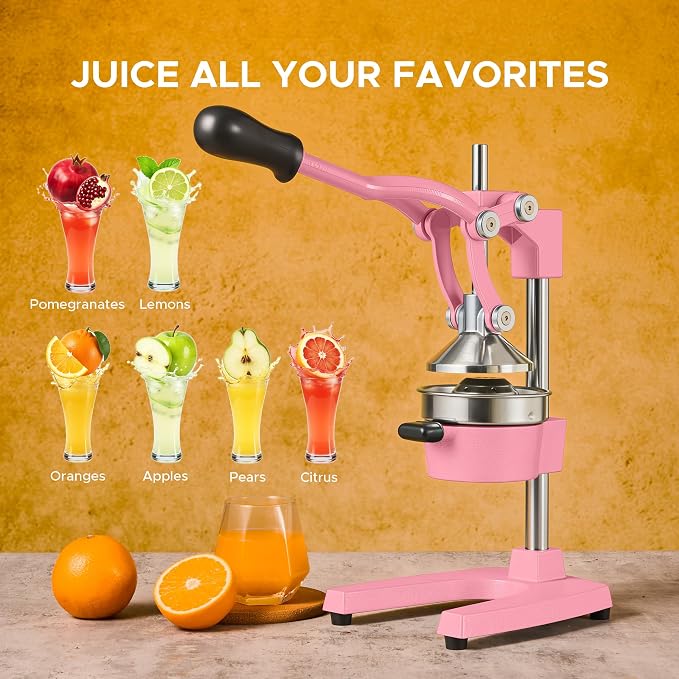 CO-Z Manual Citrus Juicer, Heavy-Duty Manual Juicer with Conical & Flat Pressure Plates, Professional Lemon Squeezer for Orange Pom Lime Lemon Juice, Dishwasher Safe Juice Press, Pink
