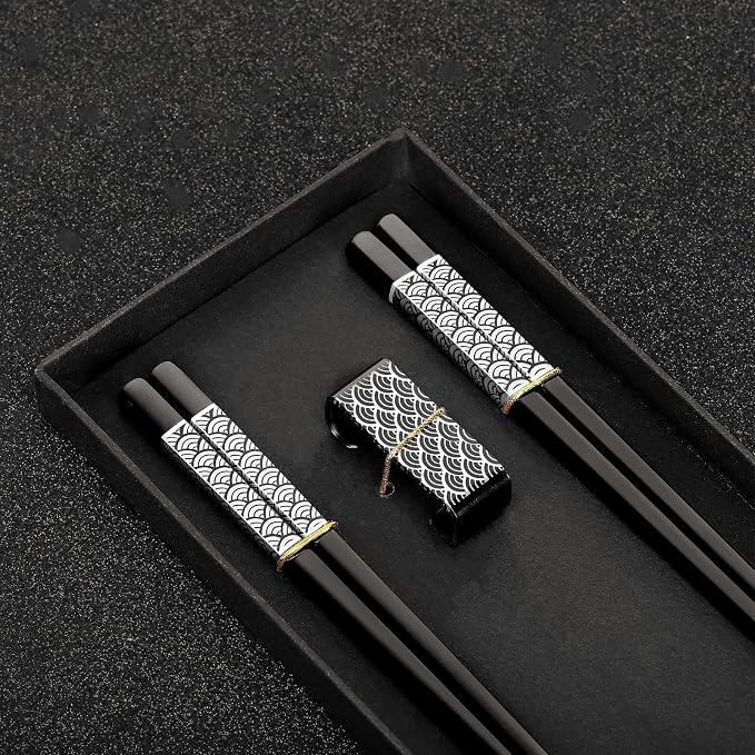 Metal Chopsticks Reusable 2 Pairs Titanium Plated Stainless Steel18/8 Chopsticks with Holder, Dishwasher Safe Lightweight Japanese Style Chopsticks Gift Set(Black)