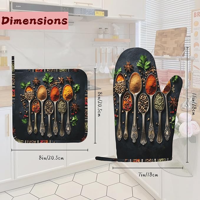 Cooking Herbs Spices Heat-Resistant Silicone Oven Mitts and Pot Holders 4 Piece Set,Extra Long Non-Slip Kitchen Oven Gloves for Cooking, Baking, BBQ,Grilling