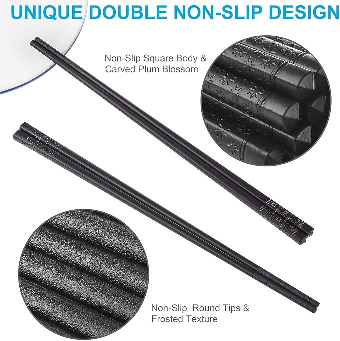 10 Pairs Fiberglass Chopsticks Family Set, ONEHERE Reusable Chinese, Japanese, Korean Chop sticks, Dishwasher Safe, Non-slip, for Sushi, Noodles, Food, Hotpot& Cooking, 9.5 inches, Classic Black