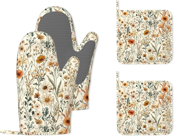 Vintage Flowers Silicone Oven Mitts and Pot Holders,Boho Heat-Resistant 4 Piece Kitchen Set Non-Slip Oven Gloves and Hot Pads for Cooking, Baking, Grilling,BBQ