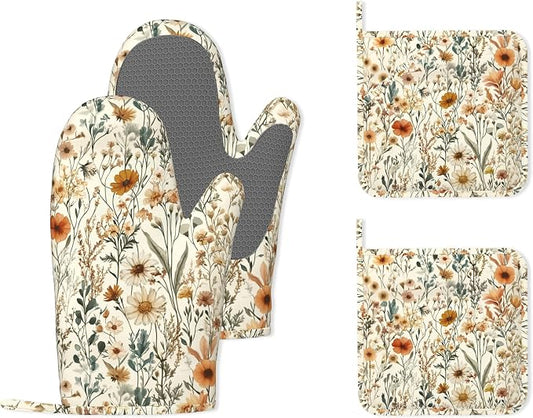 Vintage Flowers Silicone Oven Mitts and Pot Holders,Boho Heat-Resistant 4 Piece Kitchen Set Non-Slip Oven Gloves and Hot Pads for Cooking, Baking, Grilling,BBQ