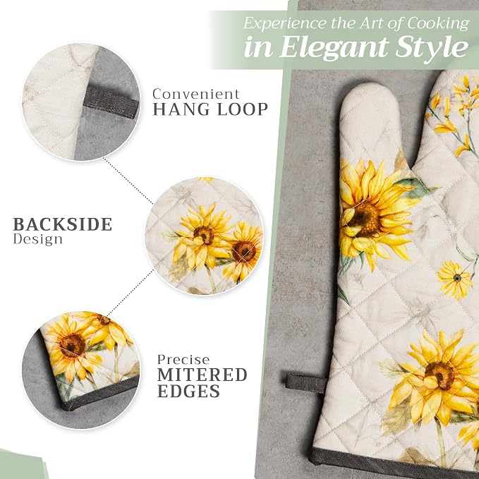 Maison d' Hermine 100% Cotton Oven Mitt & Pot Holder Set (7.5"x13" & 8"x8") | Heat Resistant BBQ Cooking Gloves with Loop Baking Grilling Kitchen Hotel Home Farmhouse Spring Summer - Candice