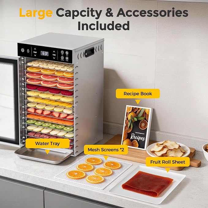 Suteck 800W Food Dehydrator with 16 Trays for Jerky, Fruit, Veg, Meat | Stainless Steel, 4 Presets, Strong Dual Fans & 360° Airflow, 85°F–195°F, 48H Timer, Built-in Light, Quiet