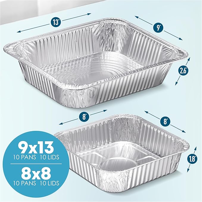 Disposable Aluminum Foil Pans with Lids, 20-Piece Combo Set, 9x13 & 8x8