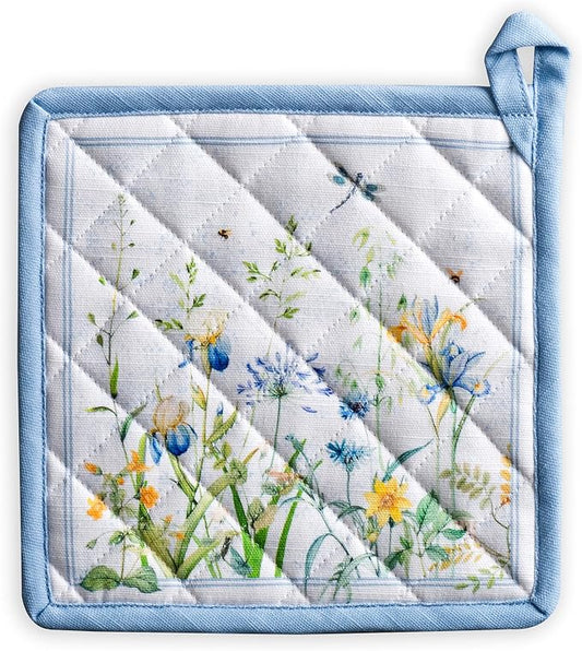 Maison d' Hermine Pot Holders 100% Cotton Potholders (8" x 8", Pack of 1) | Heat Resistant Hot Pads with Loop BBQ Cooking Baking Farmhouse Kitchen Handling Hot Pans Spring Summer - Fleurs De Mai