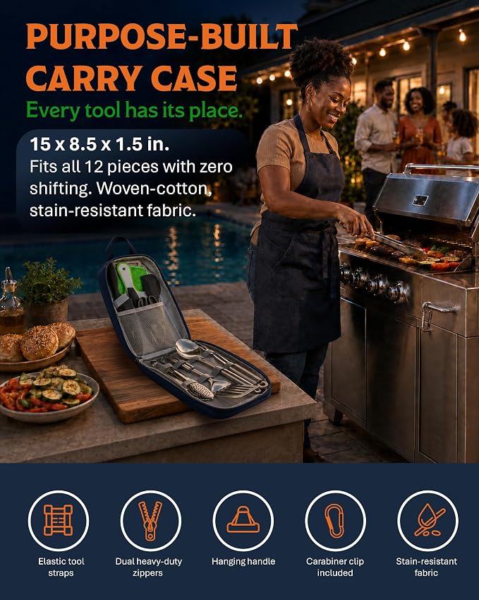 Life 2 Go 12 Pcs Camp Cooking Utensil Set & Outdoor Kitchen Gear Cookware Kit, Portable Compact Carry Case for Camping, Hiking, Travel, BBQ Grilling Stainless Steel Accessories Spoon & Fork, Navy