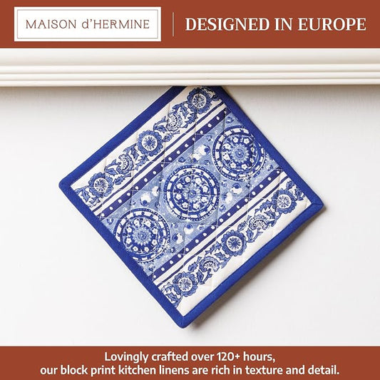Maison d' Hermine Pot Holders 100% Cotton Potholders (8" x 8", Pack of 1) | Heat Resistant Hot Pads with Loop BBQ Cooking Baking Farmhouse Kitchen Handling Hot Pans Spring Summer - Melodie Bleue