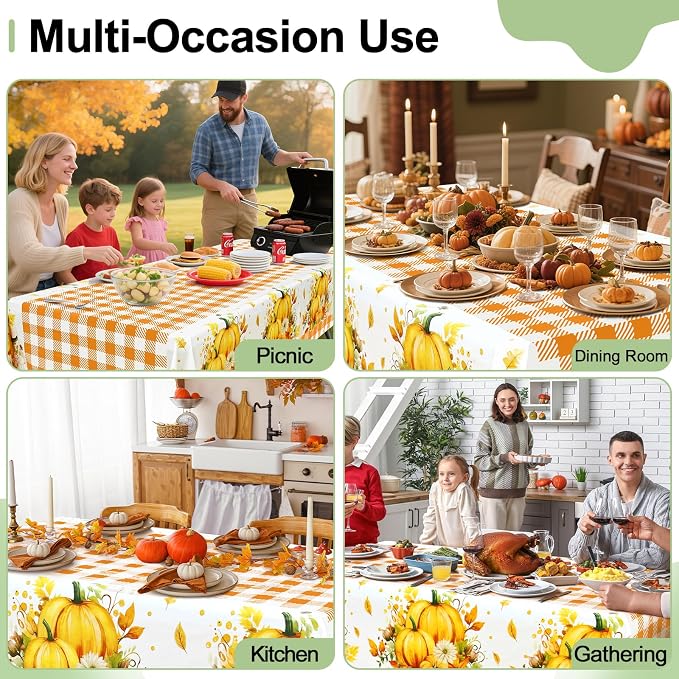 4 Packs Buffalo Disposable Table Cloth, 54 x 108 Inch Waterproof Plastic Tablecloth, Rectangle Pumpkin Orange and White Checkered Table Covers for Picnic, Birthday, Party