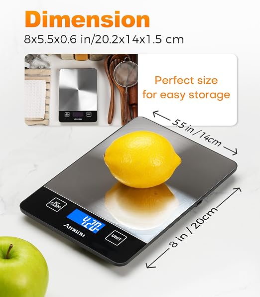 Atogou Food Scale - 33lb Digital Kitchen Scale Ounces Grams, Rechargeable & Full-View Display, Water-Resistant, Batteries or USB-C Charging, Stainless Steel, for Cooking, Meal Prep, Package (Grey)