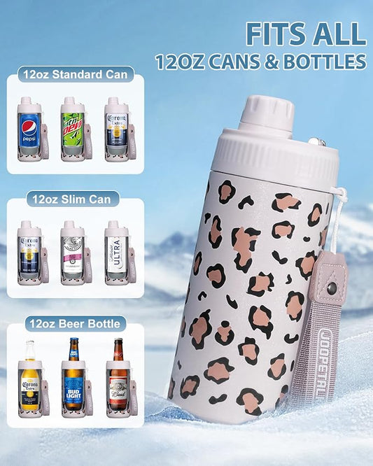 JOOPETALK Universal Can Cooler with Lid Fits All 12oz Cans& Bottles, 100% Leak-Proof Water Bottle, 4-in-1 Insulated Can Cooler for Beer, Soda & Energy Drinks, Dishwasher Safe