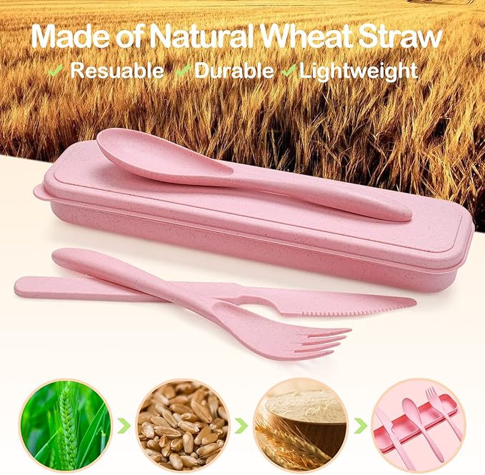 YDYTOP Reusable Travel Utensils Set with Case, 12 Sets Wheat Straw Portable Knife Fork Spoons Cutlery, Eco-Friendly BPA Free Plastic Tableware for Kids Adults School Lunch Party Picnic and Camping
