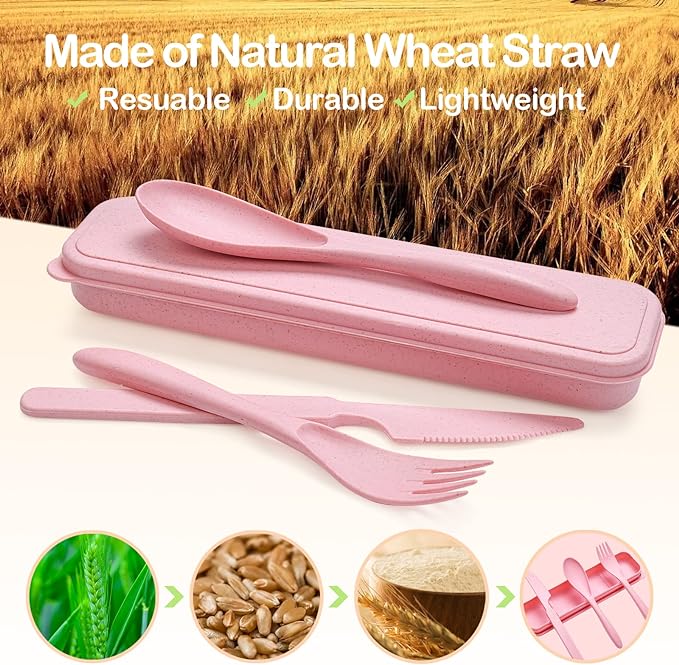 Reusable Travel Utensils Set with Case, 10 Sets Wheat Straw Portable Knife Fork Spoons Cutlery, Eco-Friendly BPA Free Plastic Tableware for Kids Adults Travel Picnic Camping Silverware