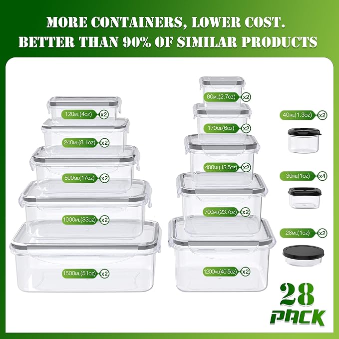 56 PCS Food Storage Containers with Lids Airtight (28 Boxes - 28 Lids) | Plastic Container for Pantry Stackable Kitchen Organization-Microwave Dishwasher,Freezer Safe 100% Leak Proof