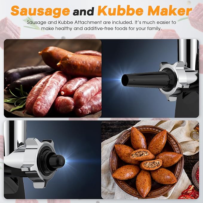 Electric Meat Grinder, 2000W Max Sausage Stuffer Maker, Vegetable Cheese Grater with 3 Shredder Slicer Blades, 2 Blades, 3 Plates, Sausage Tube, 2 Meat Claws, Burger Press & Kubbe Kit