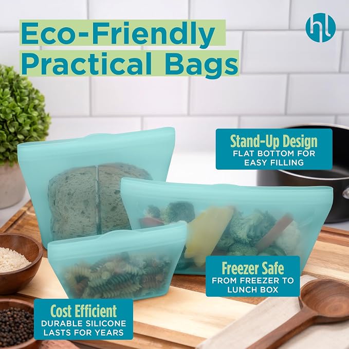 Home Logic Reusable Snack Bags - Set of 6 Pool Blue Silicone Freezer Bags, Airtight Leak Resistant Reusable Zip Bags for Kitchen Home Food Prep, Microwave & Sous Vide Safe