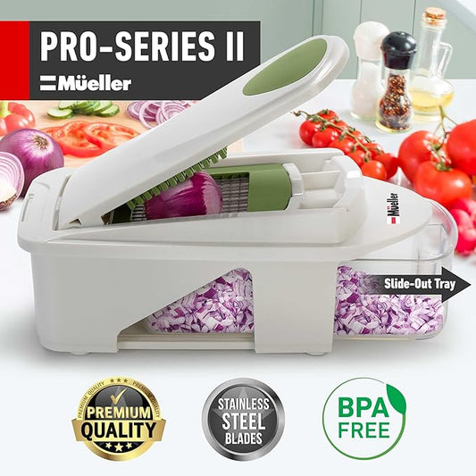 Mueller Pro-Series All-in-One, 12 Blade Mandoline Slicer for Kitchen, Food Chopper, Cucumber Slicer and Spiralizer, Cutter, Dicer, Grater, Gifts for Mom, Kitchen Essentials, White Sand/Green