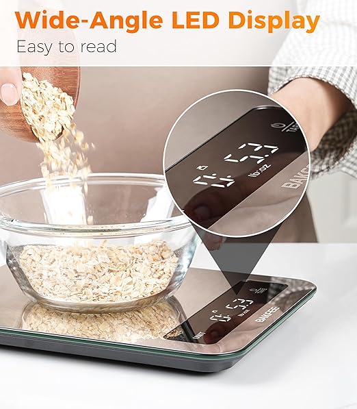 Waterproof Kitchen Food Scale, 1g/22lb, IP67, Rechargeable, Black | Premium Stainless Steel & Tempered Glass, Clear LED Display, with 6 Units, Tare, Ideal for Cooking, Making Sourdough Bread
