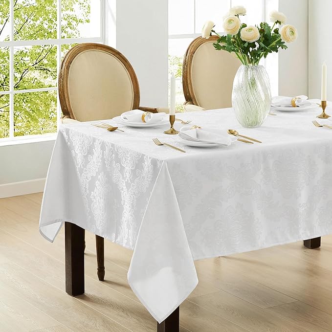 Newbridge Barcelona Luxury Damask Fabric Tablecloth, 70” Extra Wide x 90” Rectangle, White, 100% Polyester, No Iron, Soil Resistant Dining Room, Party and Banquet Table Cover