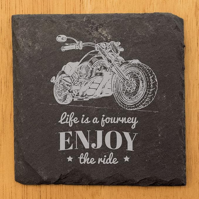 The Open Road Awaits: Motorcycle Coasters with Inspirational Quote - Square Slate - Set of 8