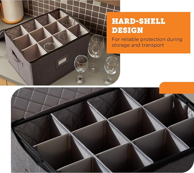 storageLAB Wine Glass Storage Case | Hard Shell Felt Dividers | Gray | Hard shell case holds 12 wine glasses in 4x4 felt compartments. Stackable, top-load, label tag. Keeps stemware chip-free.