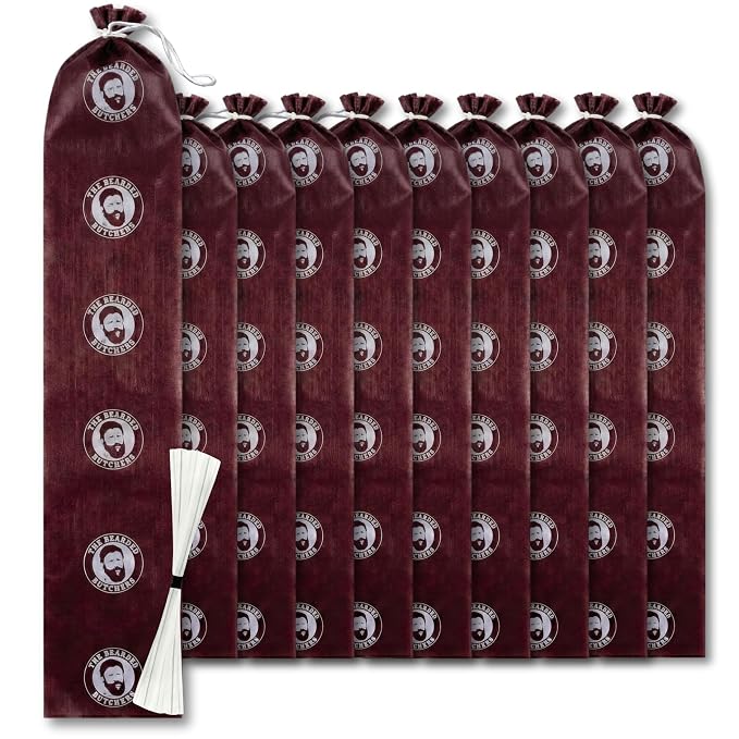 Bearded Butchers Summer Sausage Casings, 2.5" x 20" Mahogany Fibrous Casings (10-Pack) – Great for Summer Sausage, Salami & Bologna Skins – Holds 25-30lbs Total, Non-Edible – Includes 10 Twist Ties