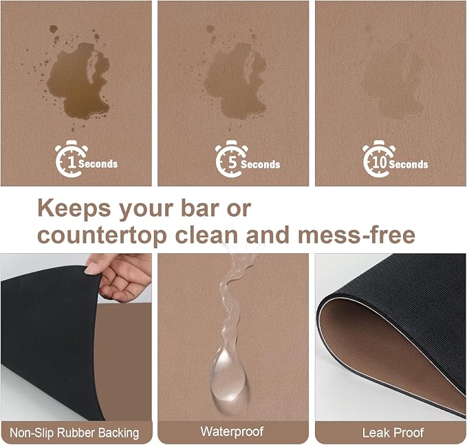 ZLR Coffee Bar Mat for Keurig & Nespresso, 12"x16" Small, Brown | Absorbent Dish Drying Mat, Stain-Hiding PU Leather Top, Non-Slip Rubber Back, Heat-Resistant, Fits Frother & Pour-Over
