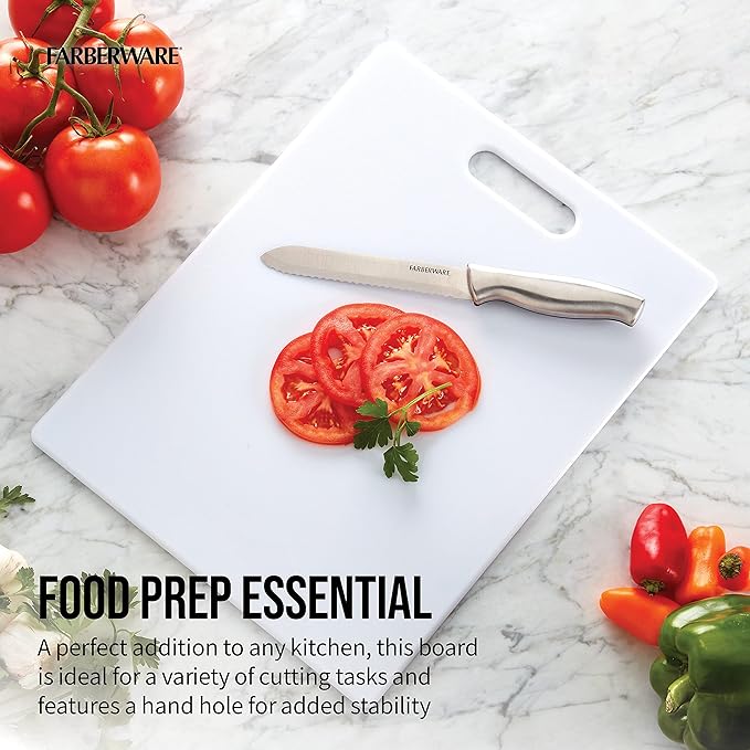 FARBERWARE Large Cutting Board, Dishwasher- Safe Plastic Chopping Board for Kitchen with Easy Grip Handle, 11in by 14in, White