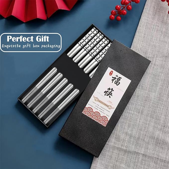 Metal Chopsticks Reusable,18/8 Stainless Steel,Silver,5PC Cherry Blossom | Gift Box Set,Square,Lightweight, Non-Slip,Laser Engraved Patterns No fade