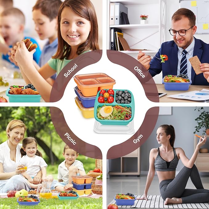 TOUWMX Bento Box For Kids, 4 Pack 3 Compartments Lunchable Meal Prep Containers Lunch Containers, Reusable Snack Containers with Lids, Snack Boxes for School, Work, and Travel