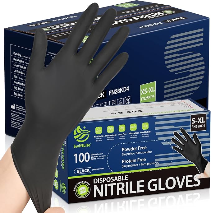 SWIFTLITE Black Nitrile Gloves, Food Safe Disposable Gloves Latex Free, Rubber Gloves Powder Free for Cooking, Kitchen Clean