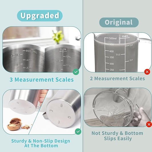 Newness 3-Pack Stainless Steel Measuring Cups Set, Metal Measuring Cup | (3 Marking, Cup/ML/Oz Scale) (2, 3 & 4 Cup) Metal Measuring Cup with Handle For Prepping, Baking and Cooking, Dishwasher