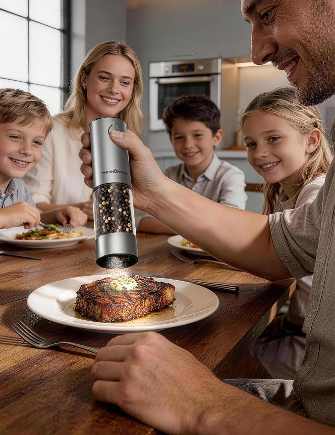 ThermoMaven Electric Salt and Pepper Grinder Set, 110ml Larger Rechargeable Automatic Salt and Pepper Mill Grinder with 6 Adjustable Coarseness, Electric Salt and Pepper Shakers, LED, Black Walnut