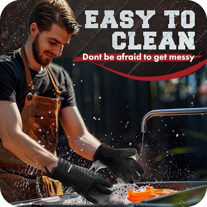 KITCHEN PERFECTION Silicone Smoker Oven Gloves -Extreme Heat Resistant BBQ Gloves -Handle Hot Food Right on Your Smoker Grill Fryer Pit|Waterproof Oven Mitts Grill Gloves |Superior Value Set+3 Bonuses | Waterproof, 5-Finger Design For A Better Grip, fo...