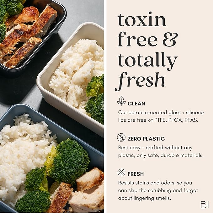 Ceramic Coated Glass Food Storage Container | No PTFE, PFOA, PFAS, and BPA | Reusable Non Toxic Meal Prep Container with Glass Lid | Easy To Store | 6 Cup Rectangle [Dusk]