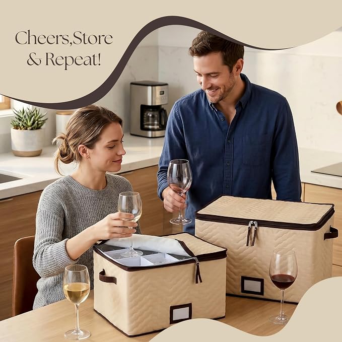 Wine Glass Storage Box with Dividers, Holds 12 Glasses up to 3.75" Wide | 2 Pack, Stemware Storage Case, Protects Fine China, Durable Quilted Microfiber, Carry Handles, Ideal for White Wine