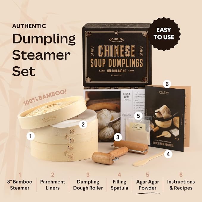 Cooking Gift Set Co. Bamboo Steamer Basket - 2 Tier Dumpling Kit, 6 Piece | Xiao long bao kit, dumpling steamer, cooking gifts for women, mother's day gift, FDA food-contact, BPA-free