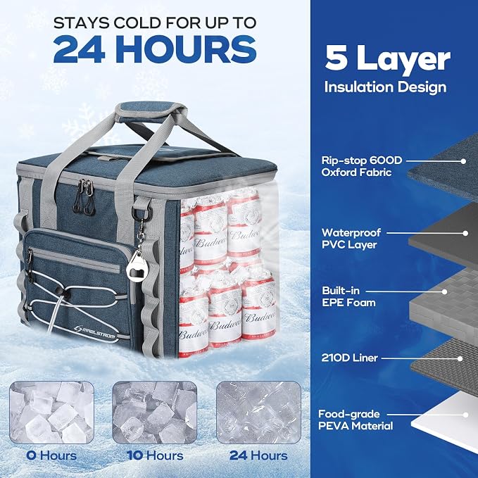 Maelstrom 30/40 Can Soft Cooler Bag, Leakproof Insulated Ice Chest | 24h Cold (With Ice), 5-Layer Insulation, Multi-Pockets ,Lightweight,Perfect For Camping, Beach, Hiking, Kayaking, Road Trips
