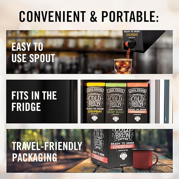 Java House Cold Brew Coffee on Tap – Premium 100% Arabica Medium Roast – Smooth Colombian Flavor with Chocolate & Caramel Notes – 1 Gallon Box (16 Servings) – Ready to Drink, No Brewing Required, Fridge-Friendly