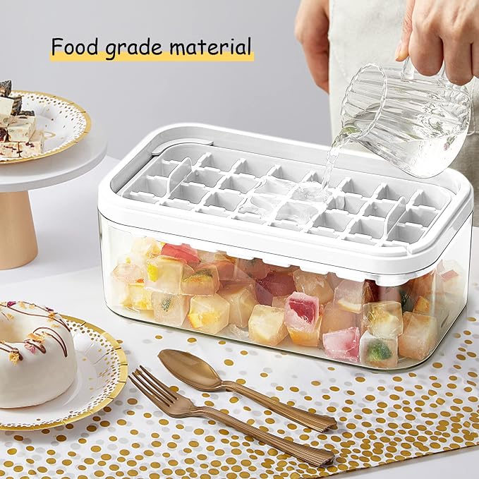 Ice Cube Tray with Lid and Bin, 2 Pack Ice Cube Trays for Freezer, 64 Pcs Ice Cube Mold, Press Button Easy Release Ice Tray, Small Ice Cubes Maker for Drinks (White)
