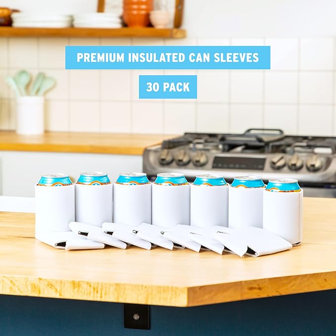 Blank Beer Can Coolers Sleeves (30-Pack) Soft Insulated Beer Can Cooler Sleeves - HTV Friendly Plain Can Sleeves for Soda Beer Cans & Bottles - Blanks for Vinyl Projects Wedding Favors & Gifts (White)