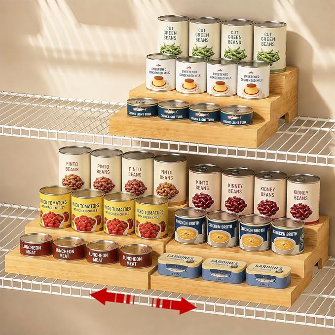 Expandable Can Rack Organizer for Pantry Fits Up to 24 20-oz Canned Food | 3-Tier Can Storage Holder for Kitchen Cabinet, Solid Wood Canned Goods Pantry Organizer Shelf, Visible & Accessible Display