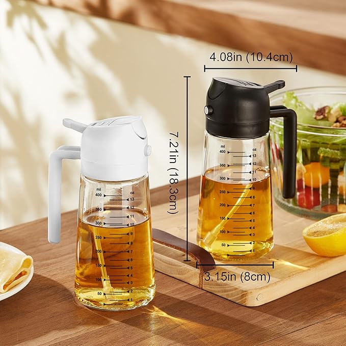 TrendPlain 16oz/470ml Glass Olive Oil Sprayer for Cooking – 2 in 1 Olive Oil Dispenser Bottle for Kitchen Gadgets and Air Fryer Accessories, Salad, BBQ - Green