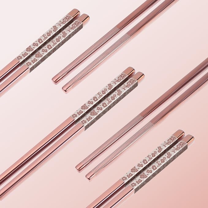 Chopsticks Reusable 18/8 Stainless Steel Chopsticks Pink Sakura Laser Engraved Metal Chop sticks Non-Slip Dishwasher Safe Japanese Korean Chopstick for Cooking Eating 5 Pairs Premium Gift Set