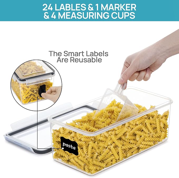 Vtopmart Pasta Storage Containers, 8 Pack, 3.2L Airtight Canisters | Horizonta Storage Design, Easy Access, Airtight BPA-Free Containers, Reusable Labels & Measuring Cups Included