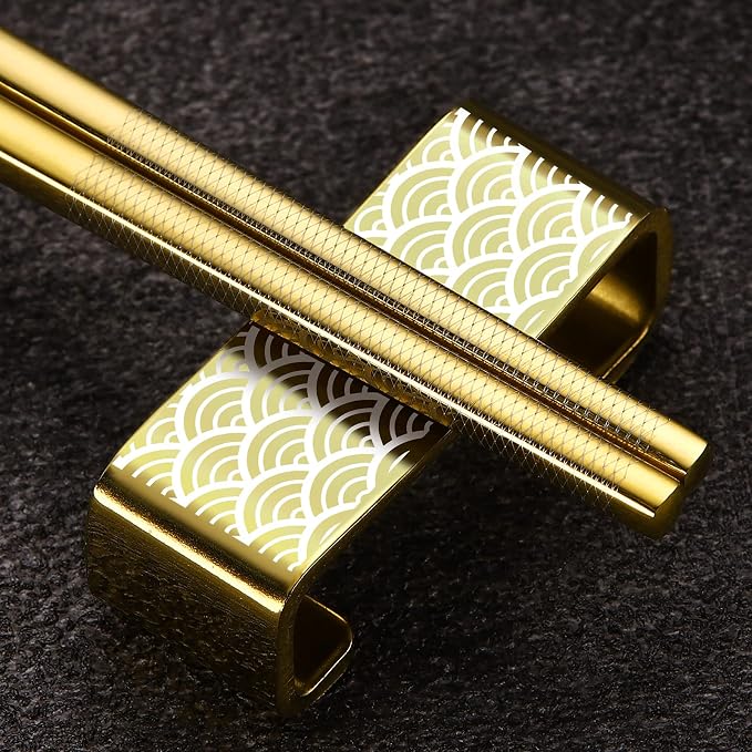 Titanium Stainless Steel 18/8 Chopsticks with Holder, 2 Pairs Dishwasher Safe, Japanese Style Gift Set (Golden)